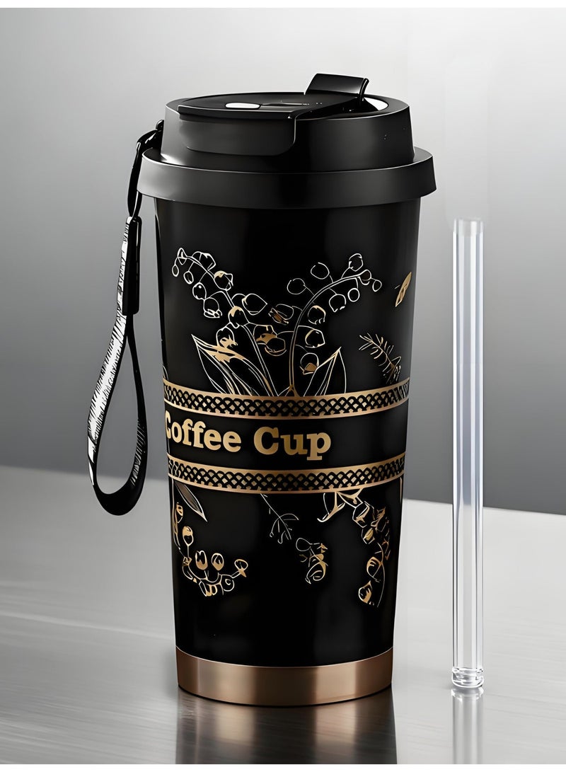 AHAKAC Coffee Mugs with Straw Vacuum Insulated Coffee Cups Tea Cup Travel Mug Leakproof Double Wall Stainless Steel Reusable Coffee Cup with Lid for Hot and Cold Drinks with Hanging Rope - Image 1